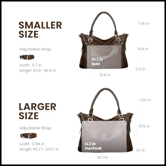 Genuine Leather Tote Shoulder Bag with Adjustable Strap, Medium Size - Picture 3 of 7